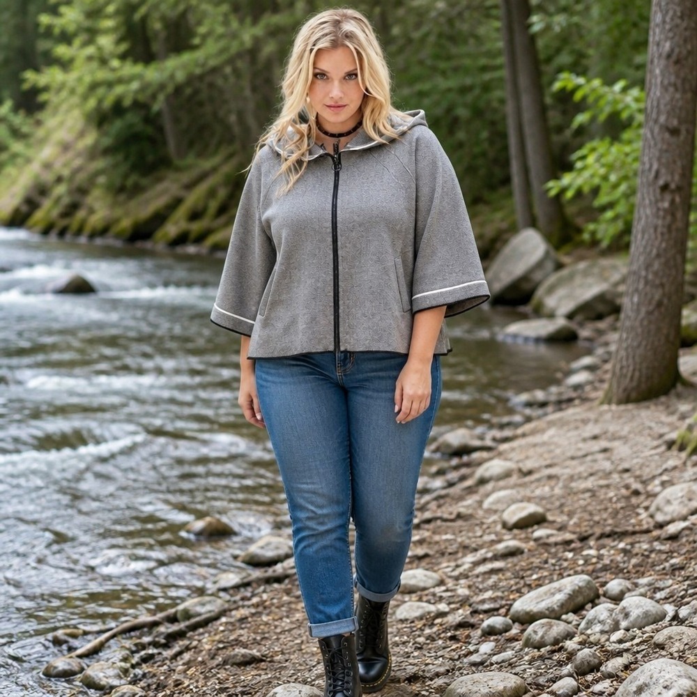 Parfois Collection Grey Knit Full Zip Poncho Hoodie Oversized size Medium 189095
